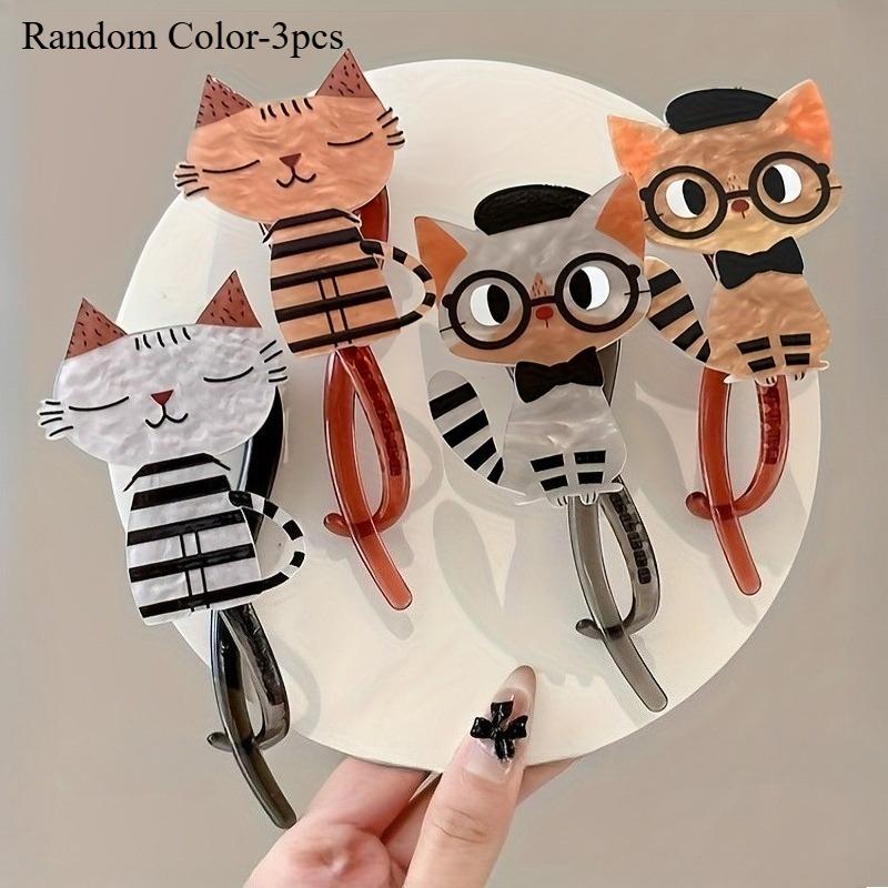 3pcs Cute Cartoon Cat Acrylic Hair Clips Colorful Animal Print, Sweet Style Twisted Hair Clips, Hair Accessories for Women