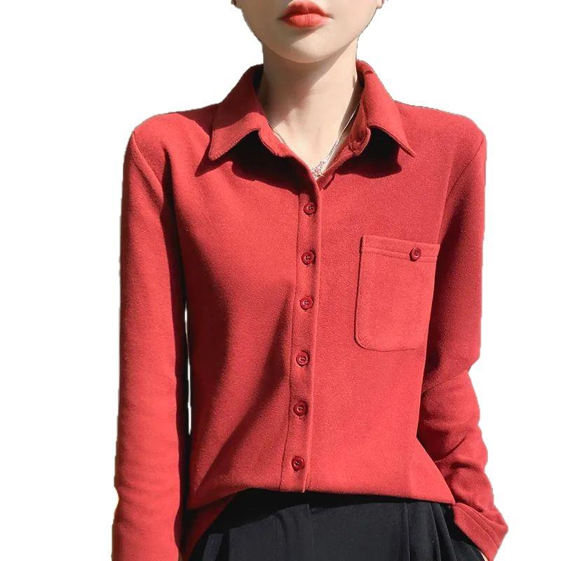 Women's Autumn and Winter Thickened Long-sleeved Shirt Warm Brushed Bottoming Plus Fleece Top