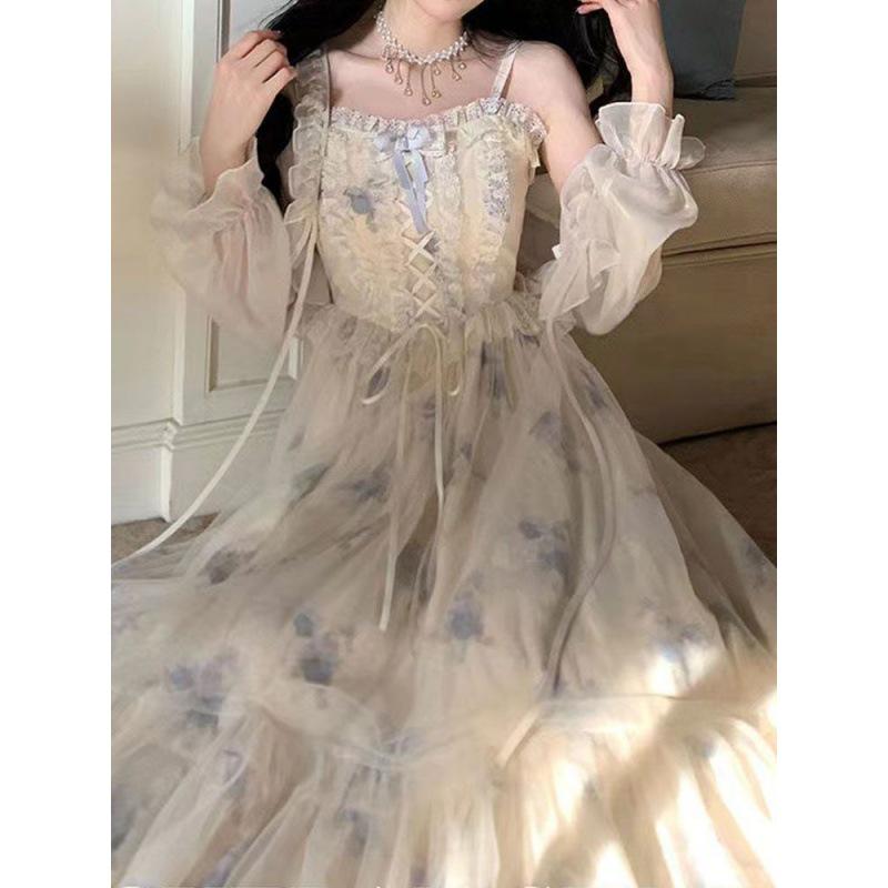 ZZ Schickes Koreanisches Retro Frühjahrs- und Herbst-Zweiteiler: Sexy Trägerkleid + Hemdkleid