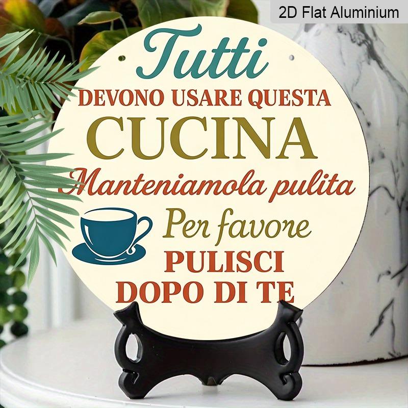 2D Flat Aluminum Decorative Plaques and Ornaments Sign, Hanging Wall Art with Funny Kitchen Rules Quote, Retro Italian Style Home Decor for Kitchen
