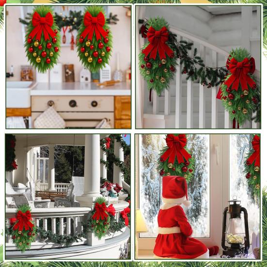 1/2Pcs Christmas Teardrop Swag Wreath with Norfolk Pine Greenery Stairway Swag Red Bow Balls Winter Xmas Hanging Garland Decoration