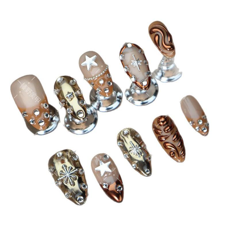 Press-On Nails Women Rose Gold A3649 Almond Shape Acrylic Fake With Star Sweet Chic Minimalist French Metal