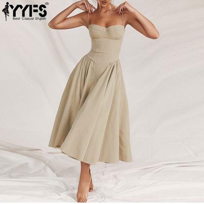 Women's Fashion Summer Spring Solid Color Print Sleeveless Suspenders High Waist Casual Dresses