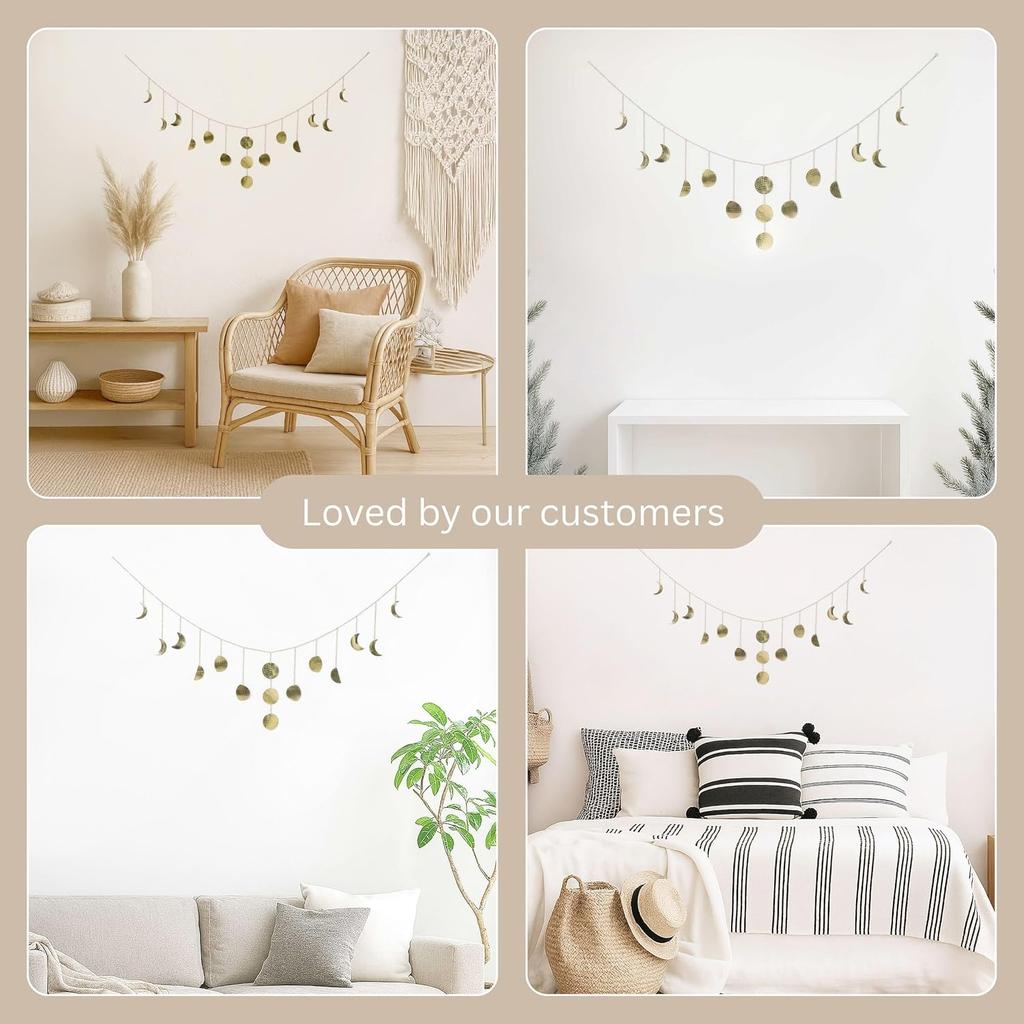 Moon & Crafts Boho Moon Phase Wall Hanging 50” Gold Brass Garland, 15 Handmade Hammered Moons, Celestial Wall Decor for Bedroom, Living Room &