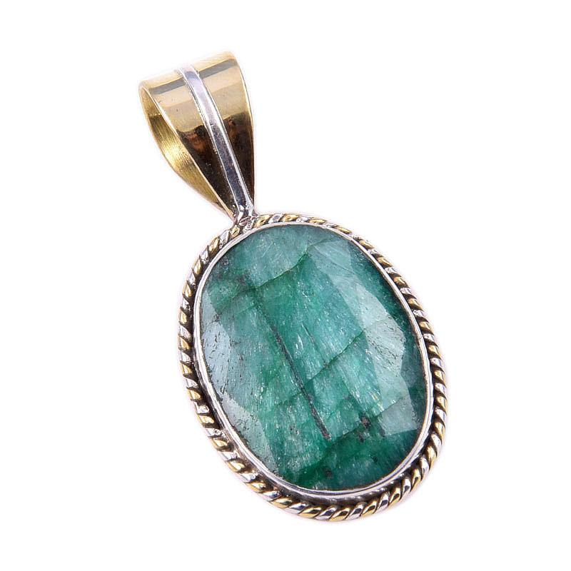 Emerald(Simulated) Handmade 925 Sterling Silver Gift Two Tone Pendant 1.25" k2T89