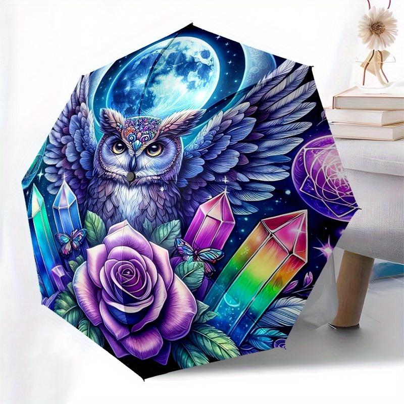 1pc Moonlit Mystic Owl Crystal Garden Umbrella with Plastic Handle,Suitable for All Seasons Home Travel Outdoor UmbrellaB1884