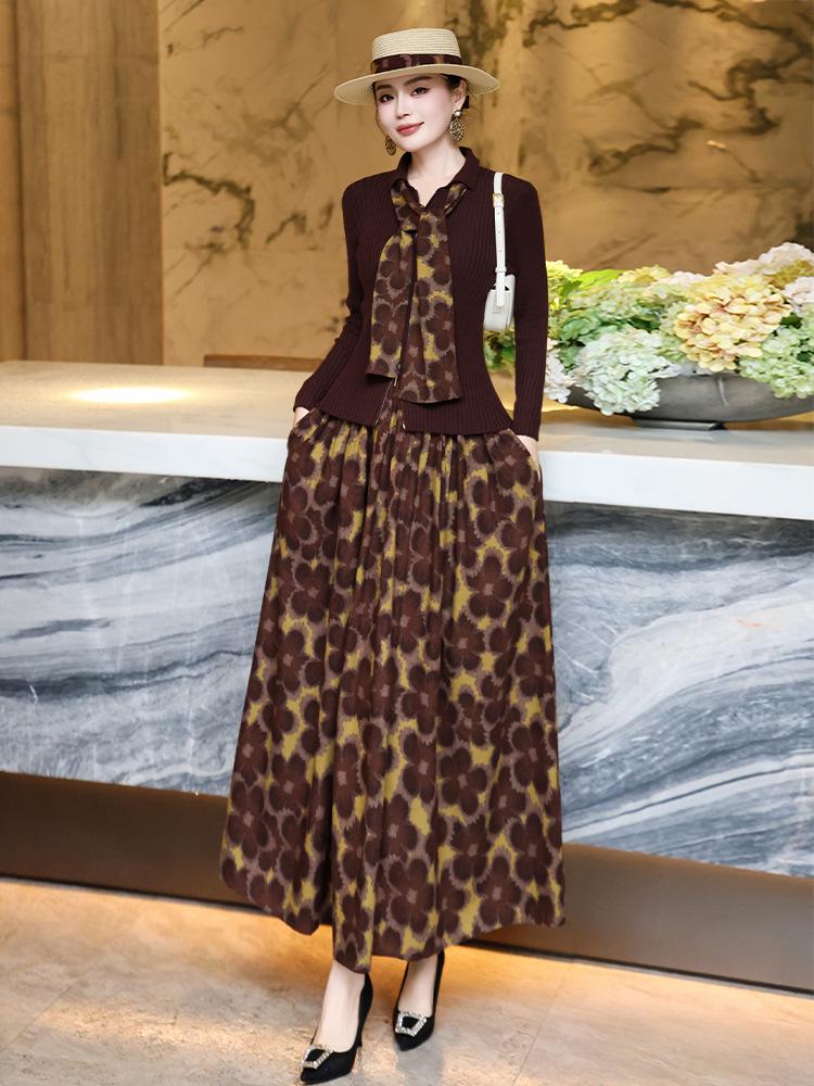 2025 Autumn Slim Fit Knit Cardigan & Floral Midi Skirt Set