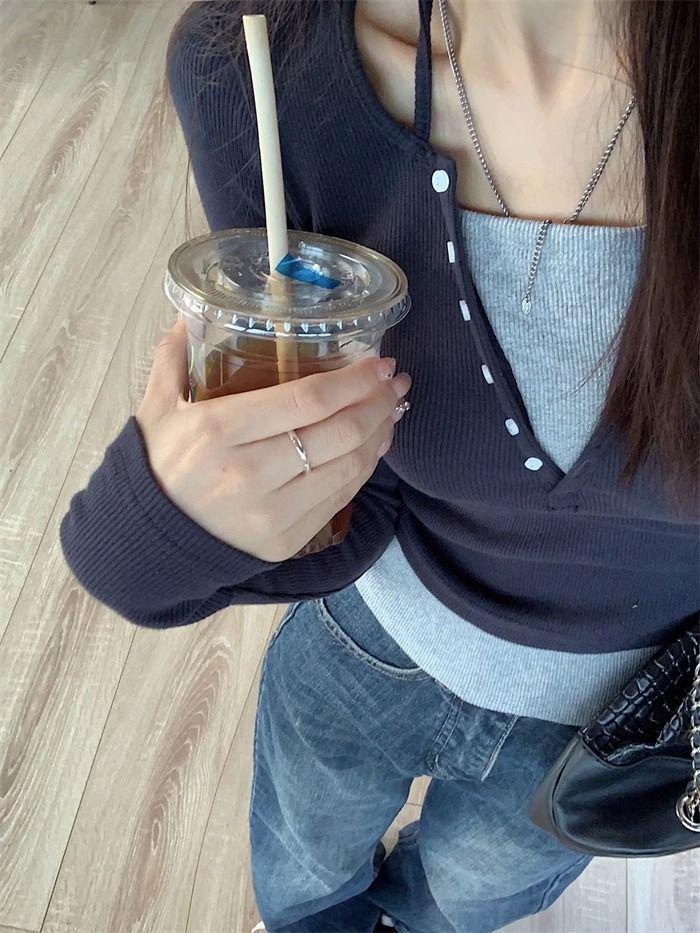 T-shirt à manches longues fileté ajusté flatteur style fille audacieuse pour femme – Haut designer de niche Printemps/Automne