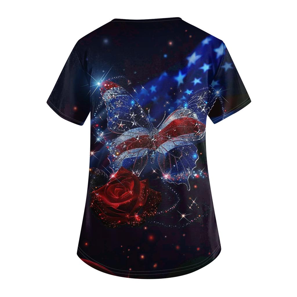 Damen V-Ausschnitt Unabhängigkeitstag Aufdruck Kurzarm Tasche Seitenöffnung Schutzkleidung Arbeitshemd