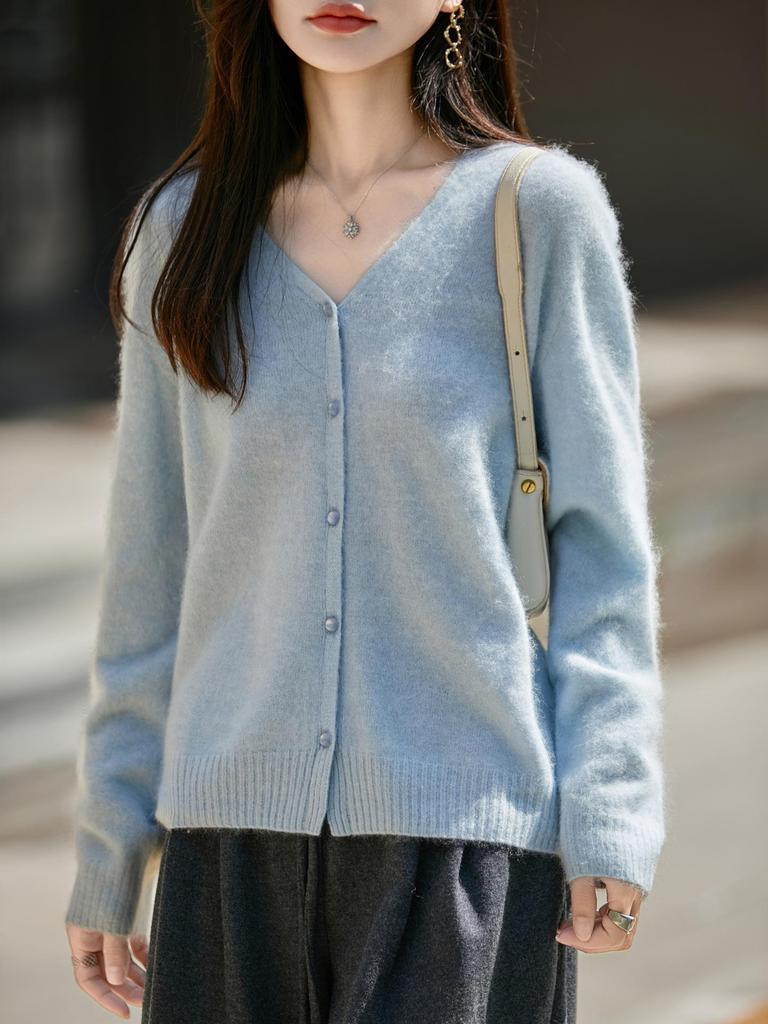 Korean-Style Elegant Wool Knit V-Neck Cardigan for Women - 2025 Fashion Collection