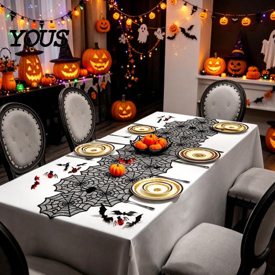 Space-saving Halloween Decoration Table Runner, 18 X 72 Inch Gothic Black Lace Spider Dramatic Cover Web Runner for Kitchen Dinner Centerpiece, Party