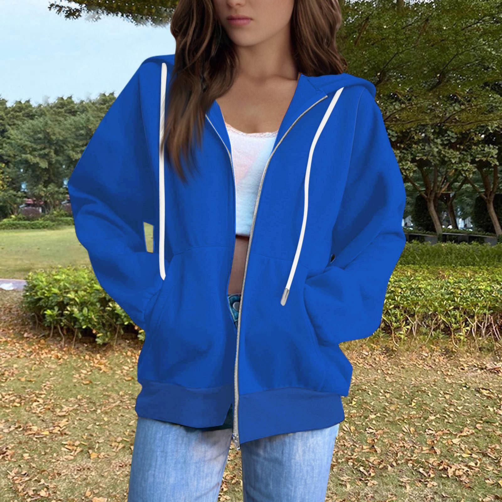

Женская однотонная толстовка с длинными рукавами, круглым вырезом, плюшевой молнией, капюшоном и шнурком M синий