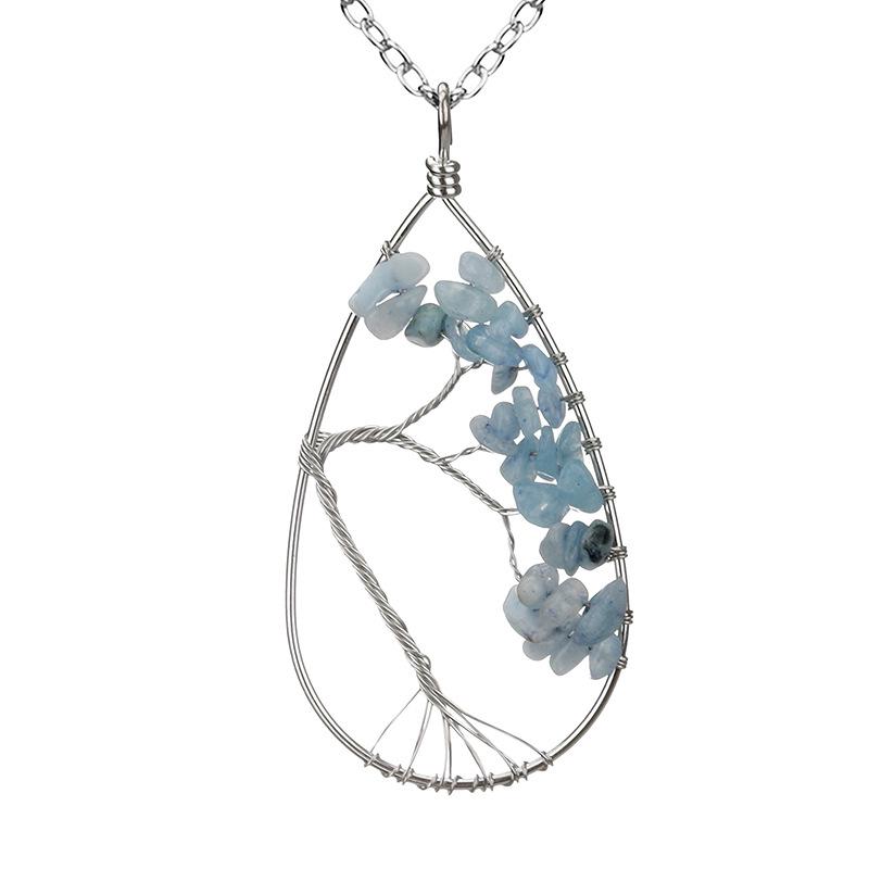 Handmade Silver Wrapped Copper Wire Crushed Stone Tree of Life Necklace, Water Drop Natural Stone Design, Bent Tree of Life Necklace N28.