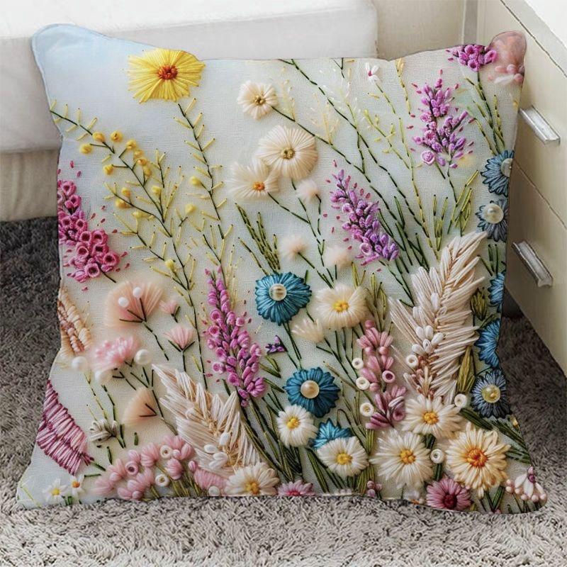 Funda de almohada de floración rica con adorno de flor tridimensional Funda de almohada Decoración de sofá para el hogar Funda de cojín Almohada de mesita de noche