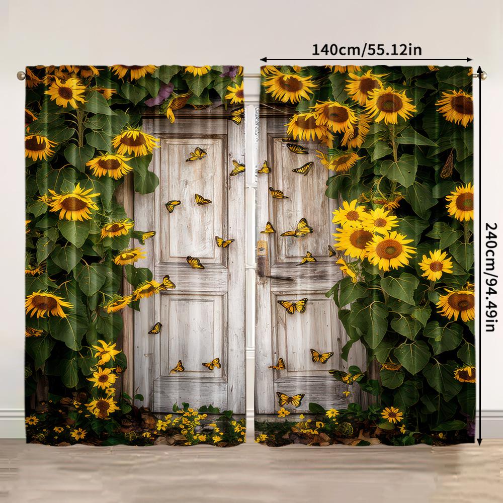 2pcs   spring summer Curtains Sunflower Barn Door Semi-Sheer Curtains Durable 100% Polyester Fabric Versatile All for Grey