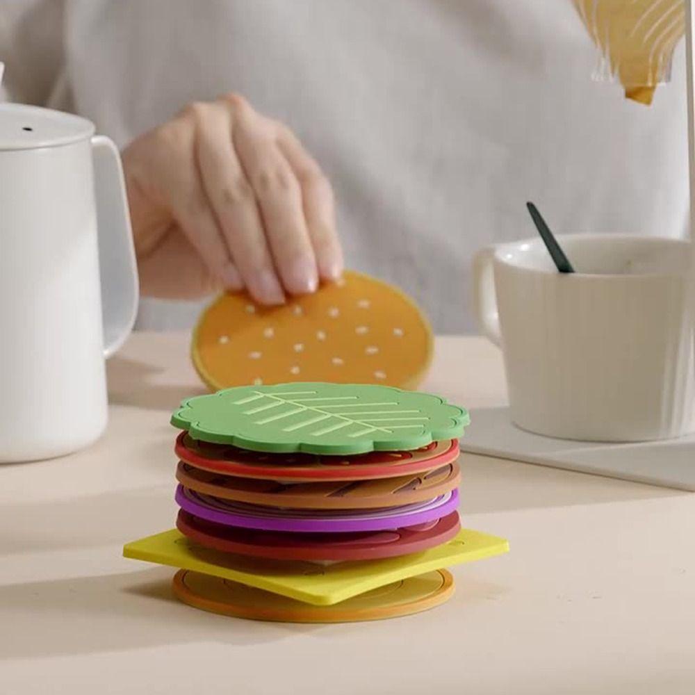 8Pcs/Set Cute Burger Shape Coaster Non-slip Creative Cup Pad PVC Insulation Mat  Afternoon Tea Mug