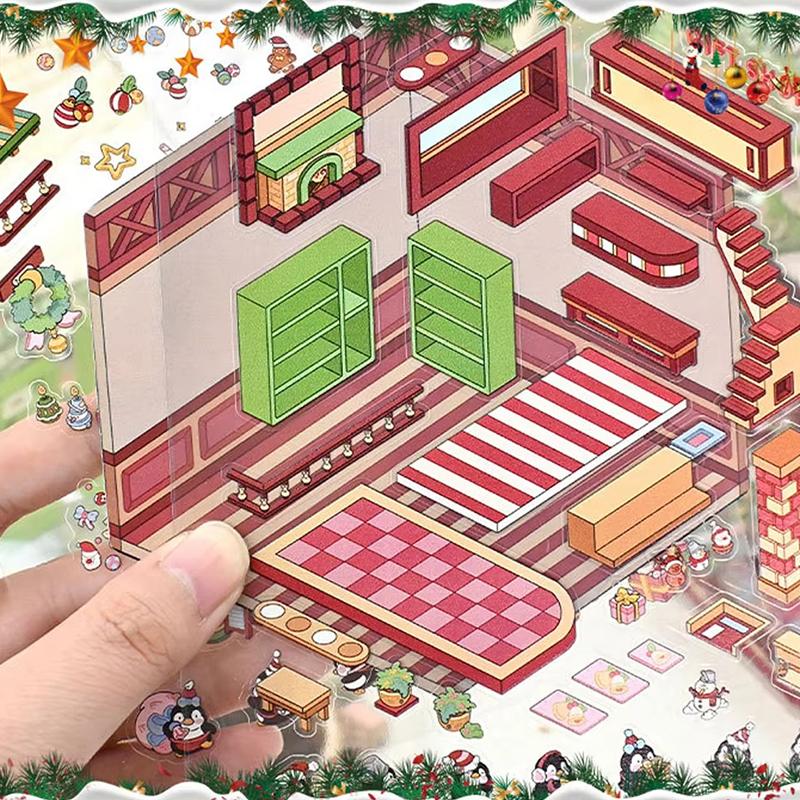Christmas Theme Diy 3D Sticker Cartoon Pocket Cabin Scene Stacking And Pasting Festival Birthday Gift For Kids Student