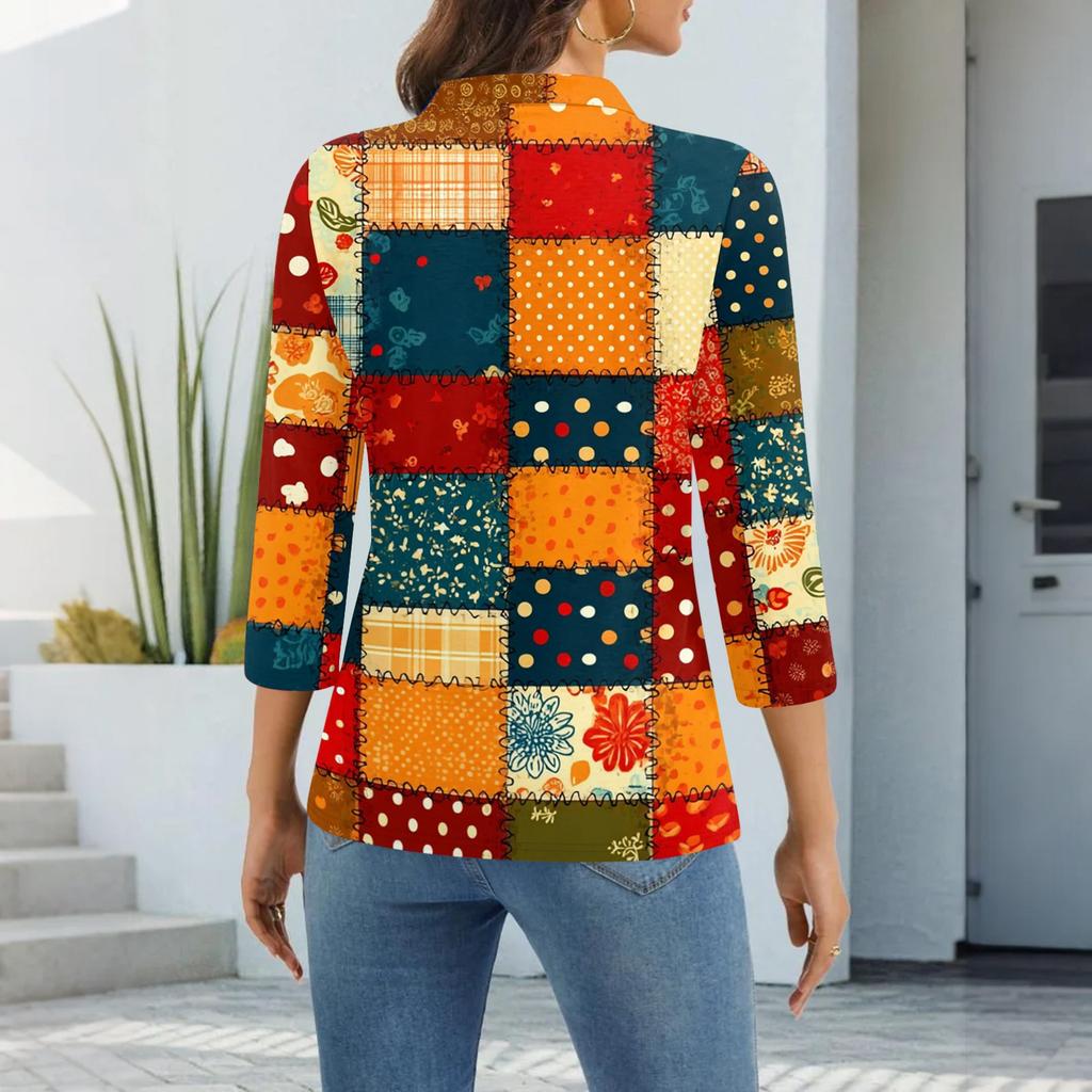Damenmode Lässig Revers Kurz 3/4 Ärmel Print Hemd Damen Knopfleiste Oberteile