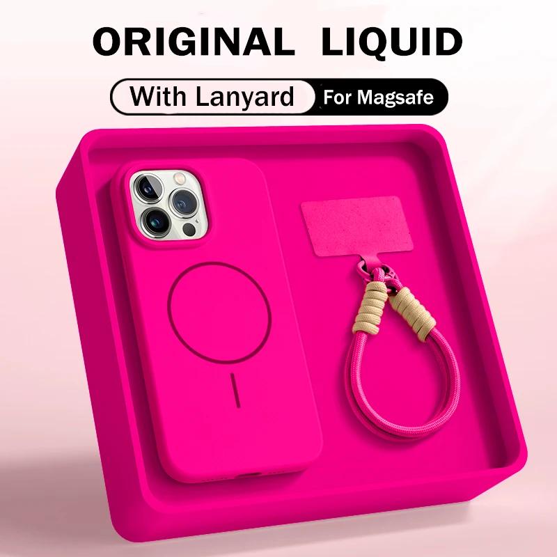 Official Liquid Silicone Lanyard Strap Rope Case For iPhone 17 16E 16 14 15 Plus 12 13 11 Pro Max Magsafe Magneitc Soft Cover