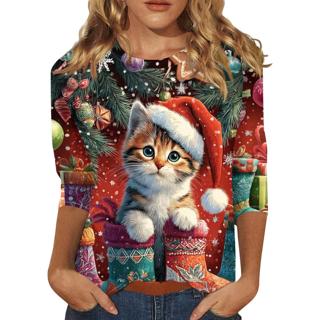 Dámské módní a ležérní top s tříčtvrtečním rukávem a vánočním potiskem s kulatým výstřihem