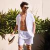 Summer Men's Cotton Linen Shirt Set Men's Casual Outdoor 2-Piece Suit and Home Clothes Pajamas Comfy Breathable Beach Short Sleeve Sets
