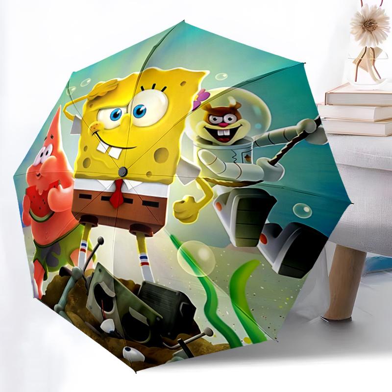 1pc SpongeBob SquarePants Automatic Folding Umbrella - Portable 3-Fold Design with 8 Iron Ribs, Outdoor, for Fans, Travelers, Daily Use, Gift Ide