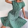 Pleated Dress Short Sleeve A-Line Mid-Calf Charming Summer Pleated Large Hem Floral Print Dress Streetwear