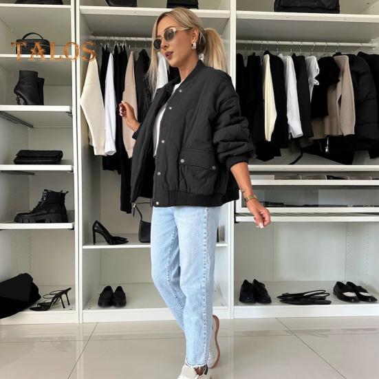 Women Fall Winter Coat Press Button Closure Long Sleeves with Pockets Loose Round Neck Daily Jacket Solid Color Outerwear for School Travel