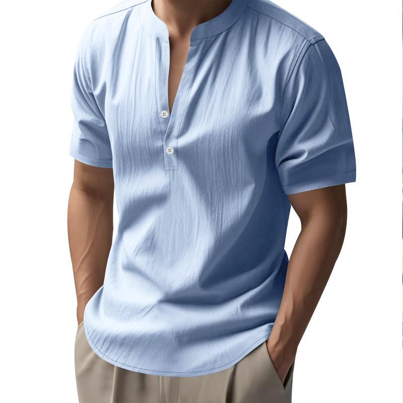Summer Men's Casual Loose-Fit Shirt with Stand Collar Linen Short-Sleeved Plain-Coloured Shirt Plus Size Menswear
