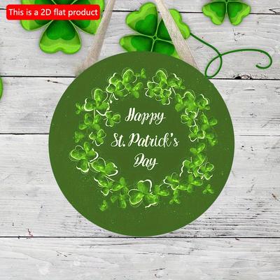 2D, flach, 20 x 20 cm, 1 Stück, „Happy St. Patrick's Day“, frischer vierblättriger Kleeblattkranz-Druck, rundes Eingangsschild, grün, prägnanter Stil, für Veranda, Terrasse und Garten