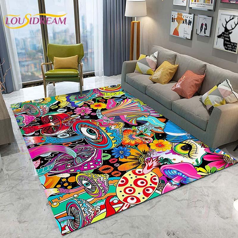 3D Starry Botanical Sun Moonlit Mushroom Rug Floral Hippie Moon Phase Carpet for Aesthetic Bedroom Living Room Vintage Game Mat