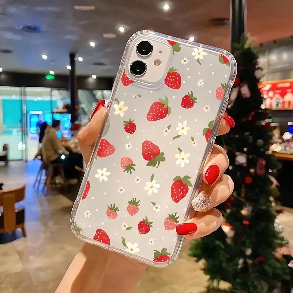 Shock-Absorbing Transparent Minimalist Floral Strawberry Phone Case For iPhone 16 Pro Max XS X XR 11 12 13 14 15 7 8 Plus Cover