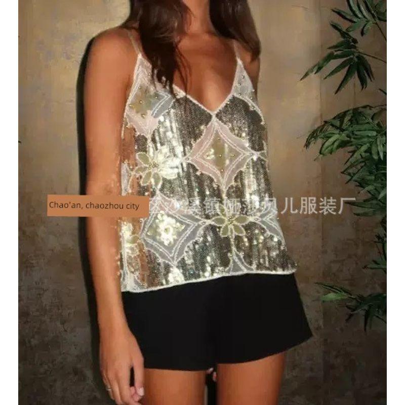 

Cross-Border European and American Style Heavy-Duty Sequined Beaded Camisole, Sexy Slimming V-Neck Tank Top, Niche Trendy New Style Apricot S