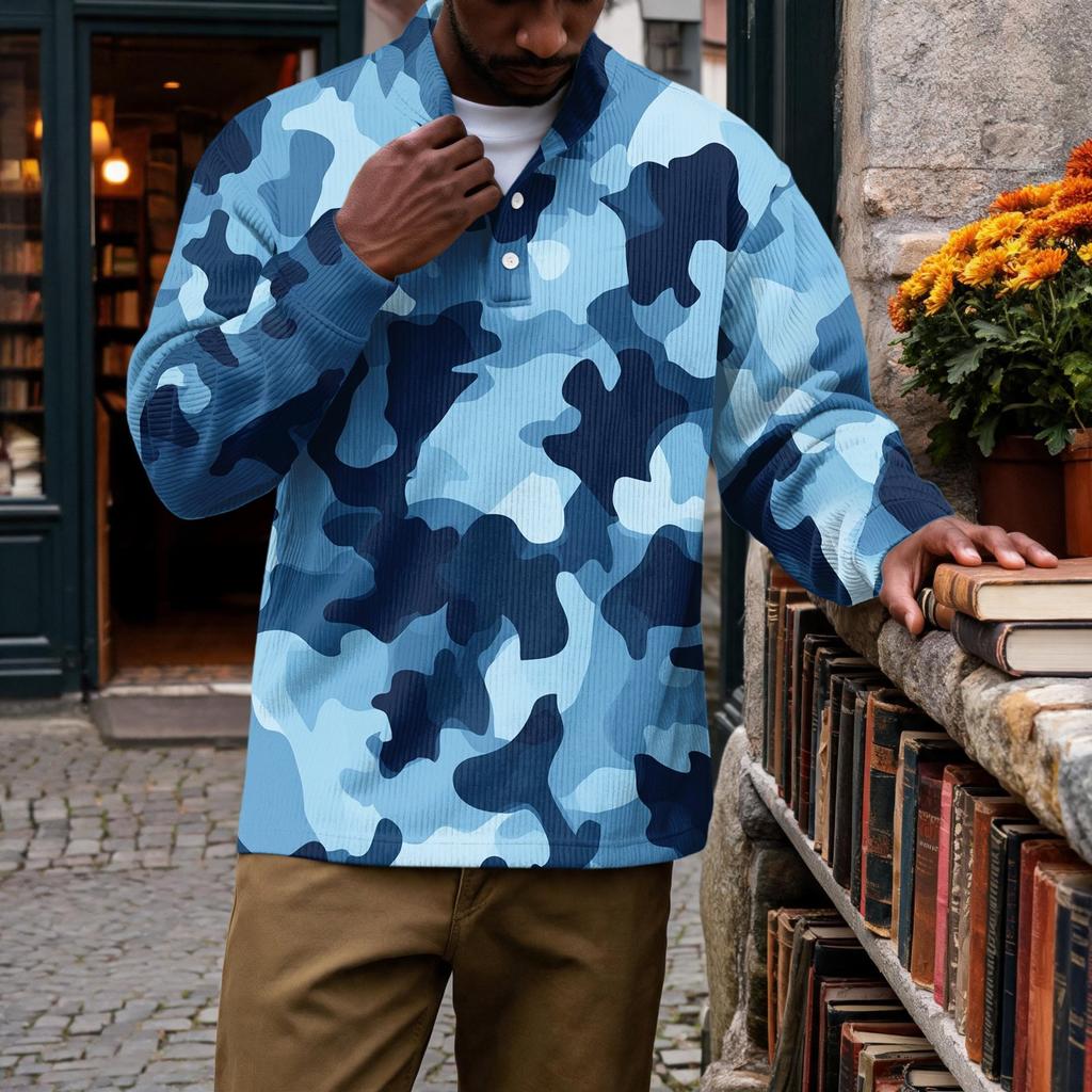 Men's Vintage Corduroy Printed Quarter-Zip Pullover with Stand Collar and Pocket, Long Sleeve Casual Top