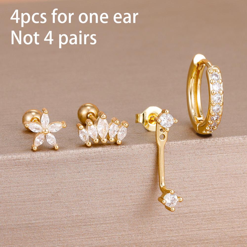 4-teiliges Set Huggie Hoop Ohrringe aus Edelstahl für Damen, Goldfarbe, Einzigartige Zirkonia Blume Ohrstecker Piercing Schmuck