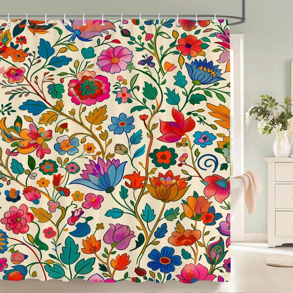 Watercolor Flowers Floral Shower Curtains Pastoral Spring Greenery Plants Home Decor for Bathroom Polyester Fabric Bath Curtain