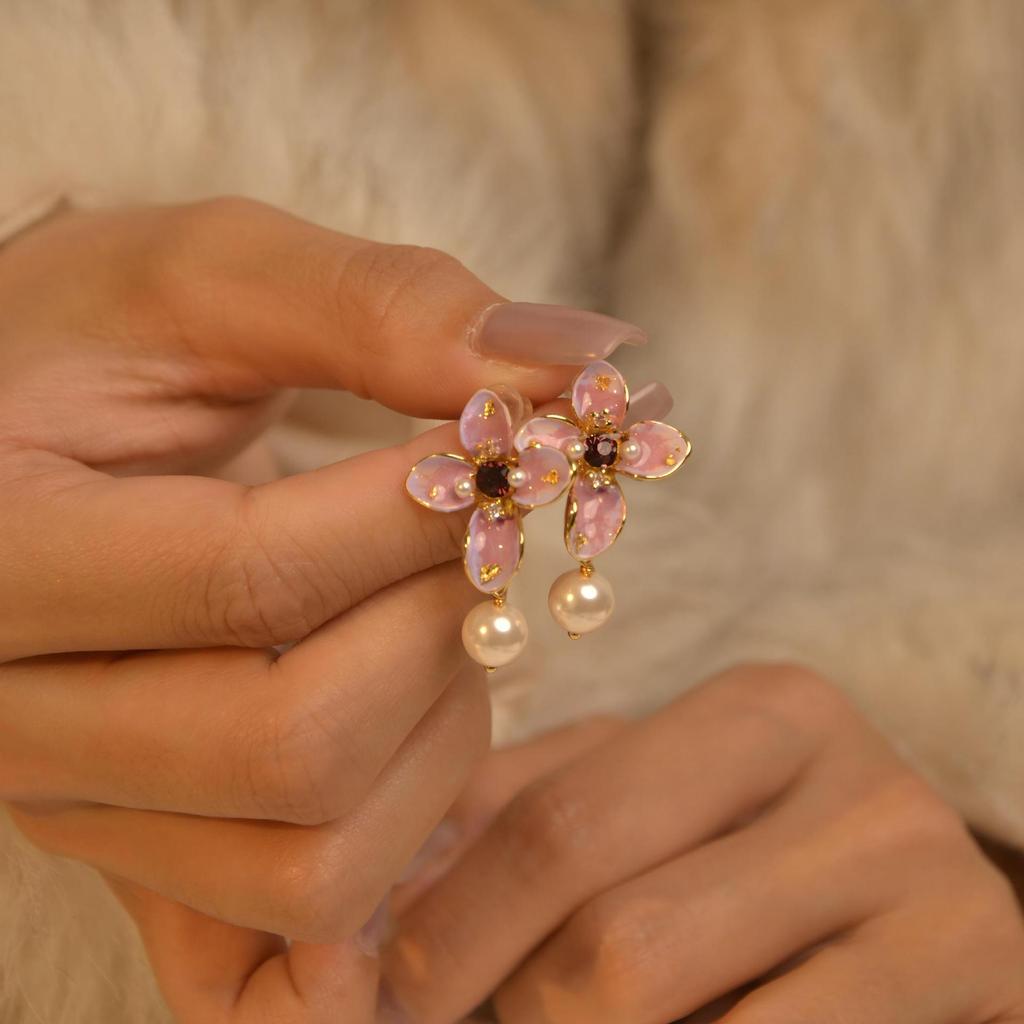 18k zircon flower pearl earrings temperament versatile stud earrings light luxury niche fashion earrings