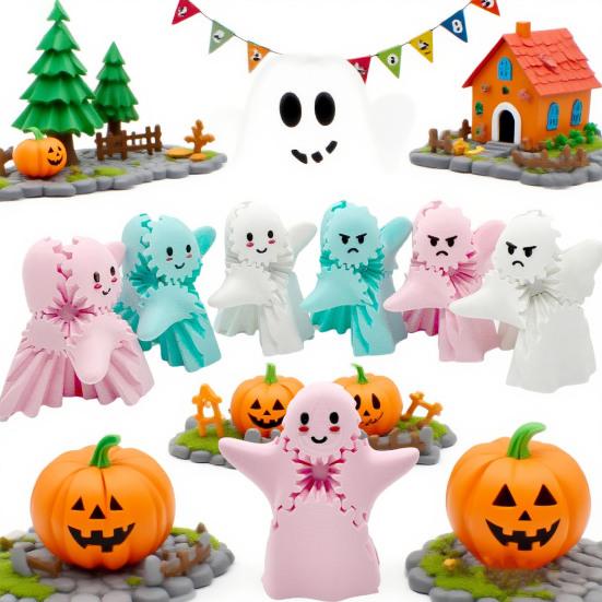 3D Printed Ghost Gear Cube Stress Anxiety Relief Halloween Cartoon Ghost Figurine Statue Fidget Toy Desktop Decoration Ornament
