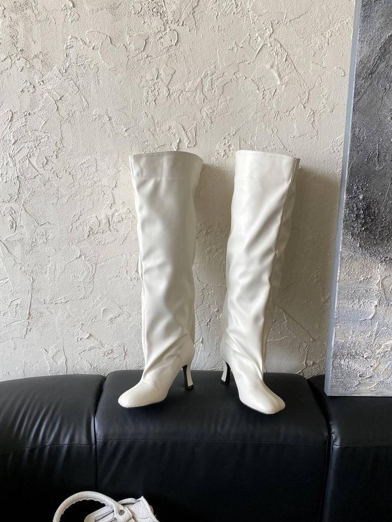 2025 European and American Style Mango Head Wide Tube Thin Pile Over Knee Thin Heel Boots