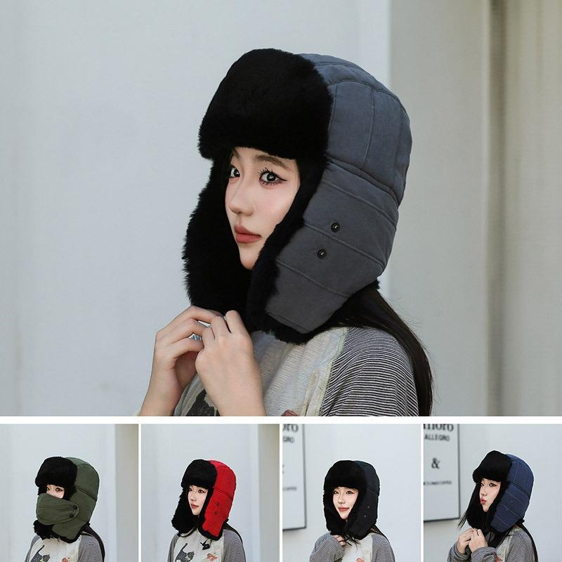 Hat Men's winter real rabbit hair cold-proof women's tide cycling warm fleece thickened cotton hat