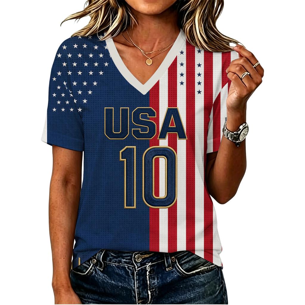 Women's V Neck Letter Print Short Sleeve T Shirt Casual Summer Tee
