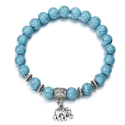 Ethnic Women Elephant Charm Faux Turquoise Beaded Bracelet Elastic Bangle Gift