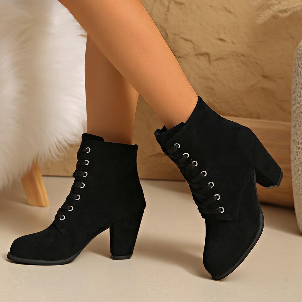 Women's matte short boots lace-up thick heel autumn and winter large size fashion versatile ankle boots solid color high heel spot Martin boots