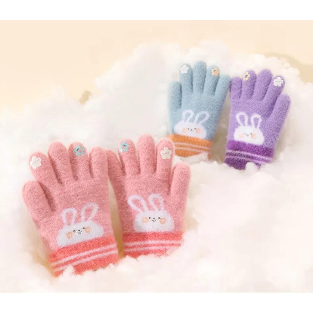 5 Colors Winter Kindergarden Kids Five-Finger Cartoon Knitted Gloves Girls Warm Thickened Plush Gloves Cute Bunny Gloves 3-5Y
