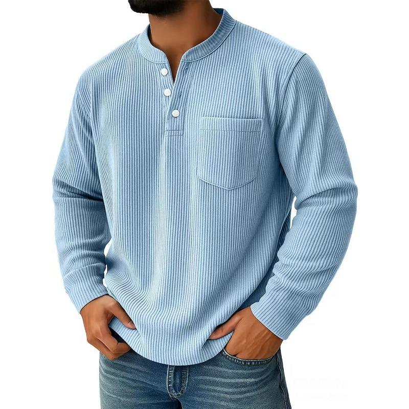 Men S Long Sleeve Corduroy Solid Color Henley Neck Polo Shirt S синий