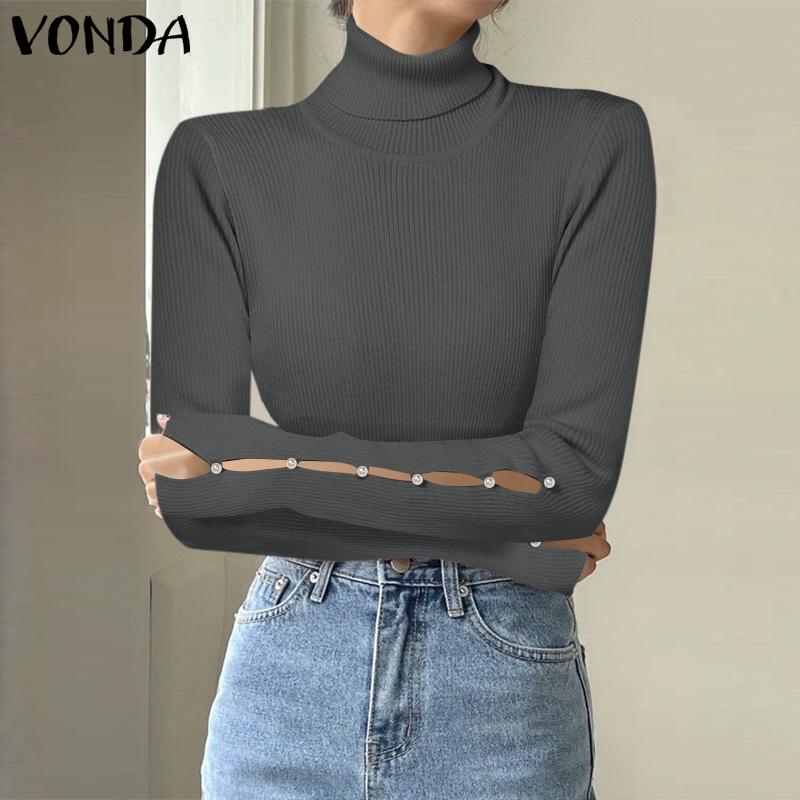 VONDA Women Winter Autumn High Neck Pearl Decorated Long Sleeve Striped Sweaters Undershirts