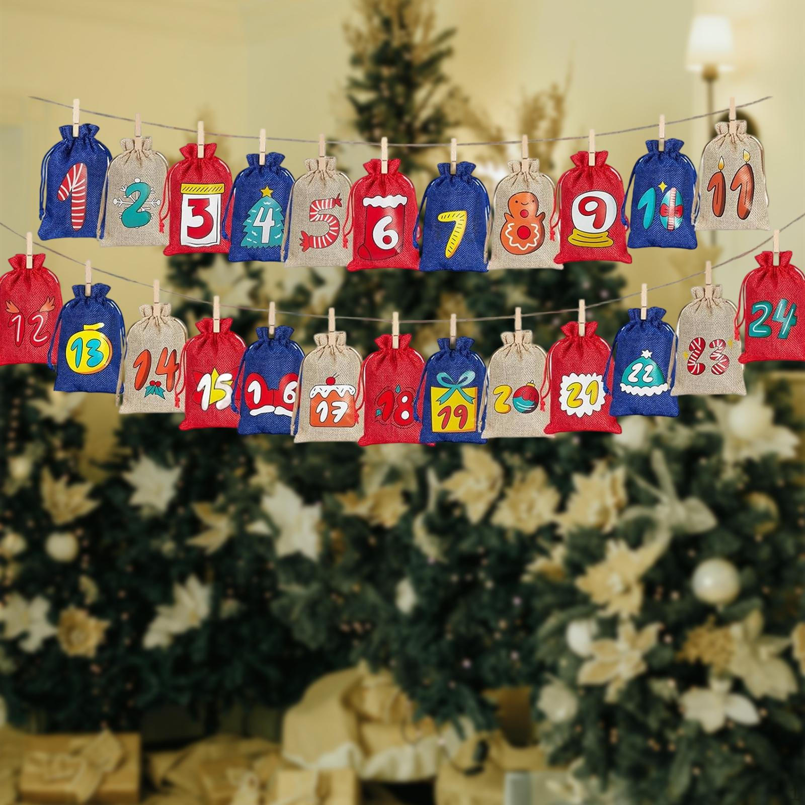

24 Pieces Advent Calendar Bags Christmas Burlap Drawstring Gift Bag Wooden red blue Linen