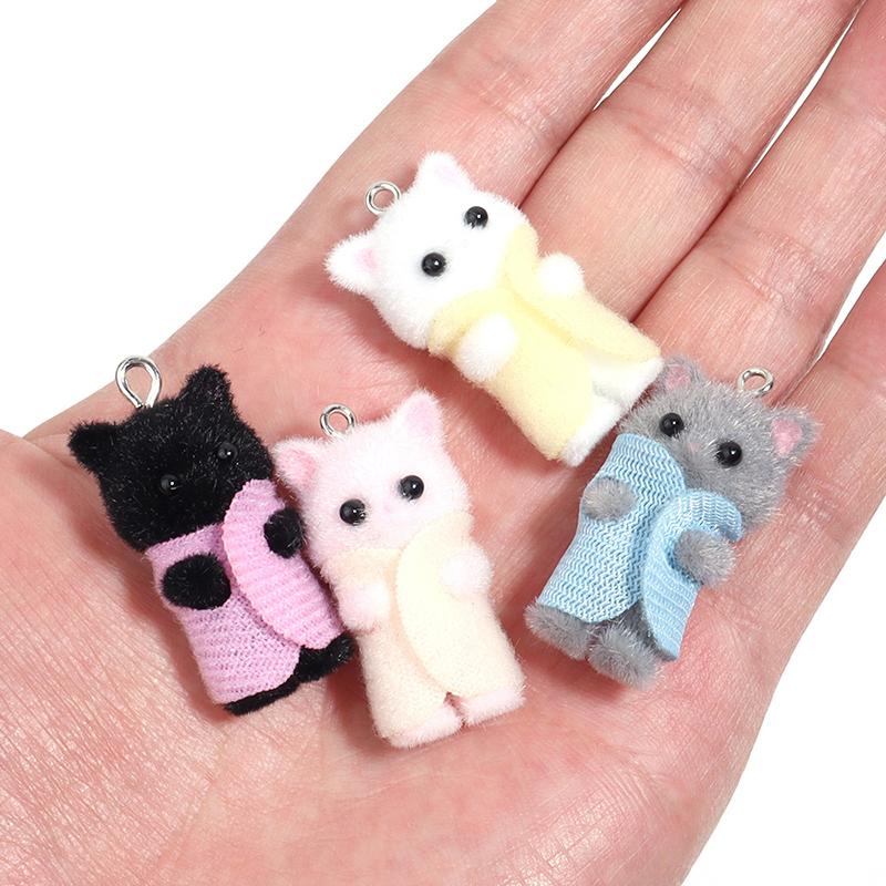 Kawaii 3D Flocking Cat Charm Cute Cartoon Cat Ornament Earring Keychain Pendant Accessories Diy Crafts Jewelry Make