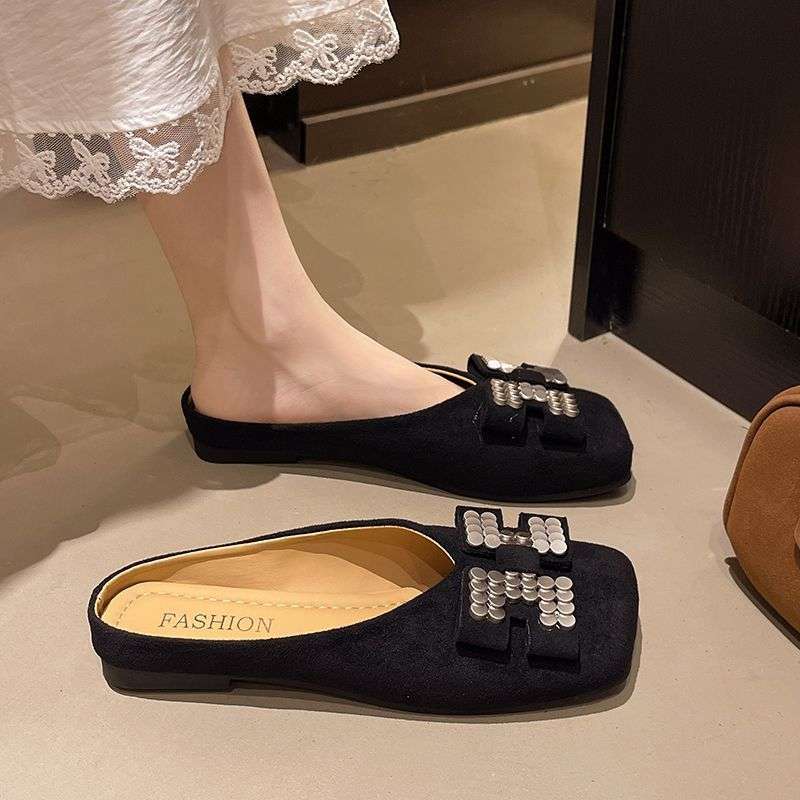Fashion Metal Square Toe Flats Women's Slippers Ladies Sandals New Fashion Slides On Sale Chic Elegant Low Price Shoes Promotion Mules