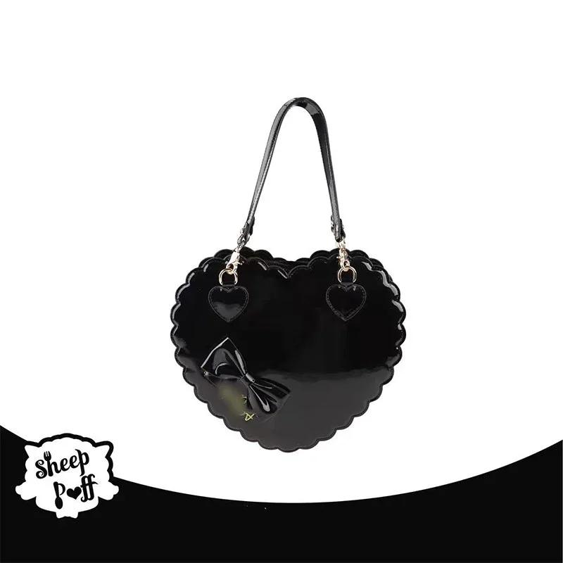 

PU Heart Lolita Handbag with Bow Decor Two Sizes Japanese Kawaii Shell Purse Pink Messenger Bag Casual PU Bag M